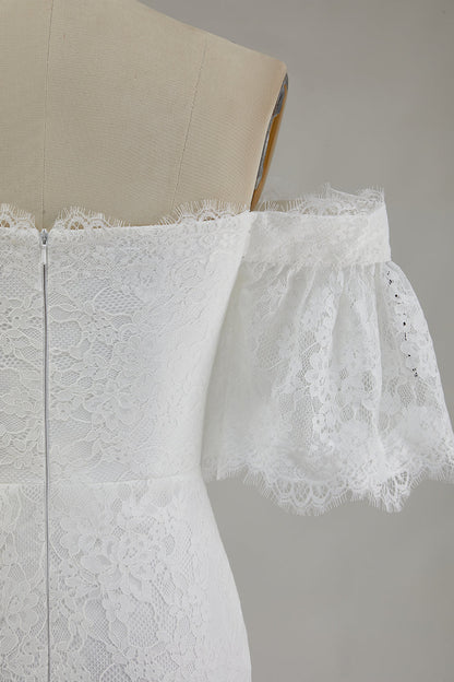 White Off the Shoulder Sheath Lace Wedding Dress With Slit