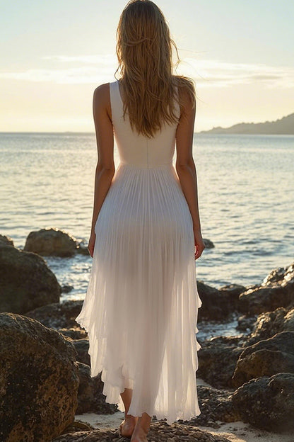 White A-Line High-Low V-Neck Boho Dress With Pleats