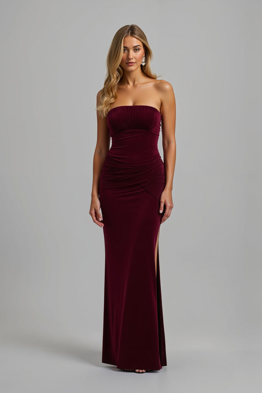 Strapless Burgundy Sheath Long Holiday Dress With Slit