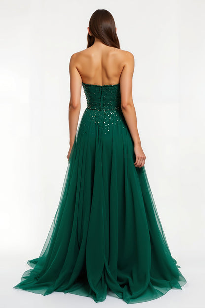 Dark Green Strapless A Line Sequin Long Holiday Dress