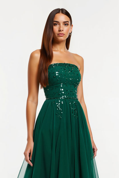 Dark Green Strapless A Line Sequin Long Holiday Dress