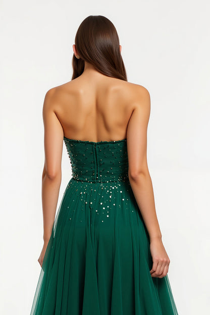 Dark Green Strapless A Line Sequin Long Holiday Dress