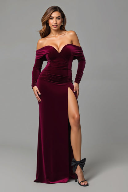 Burgundy Mermaid Off The Shoulder Long Holiday Dress