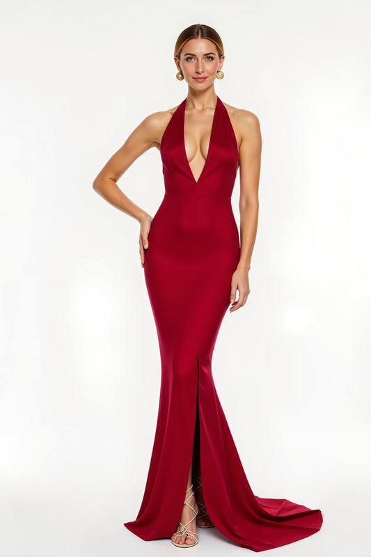 Red Halter Satin Mermaid Long Holiday Dress