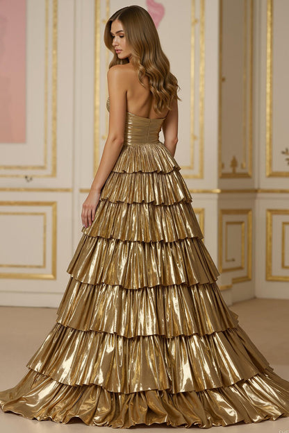 Golden Tiered A Line Metallic Strapless Holiday Dress