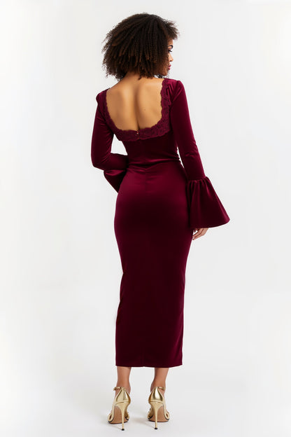 Burgundy Square Neck Sheath Lace Long Holiday Dress