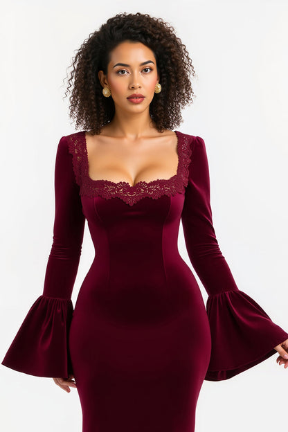 Burgundy Square Neck Sheath Lace Long Holiday Dress