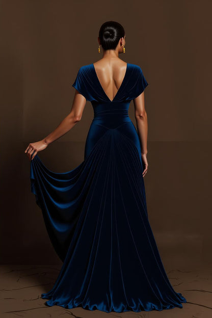 Royal Blue A Line Pleated V Neck Long Holiday Dress