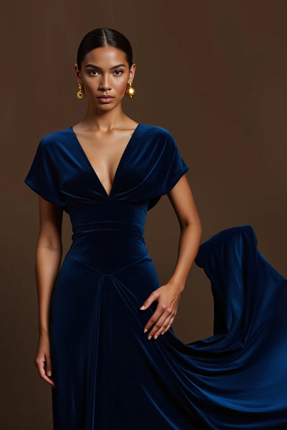 Royal Blue A Line Pleated V Neck Long Holiday Dress
