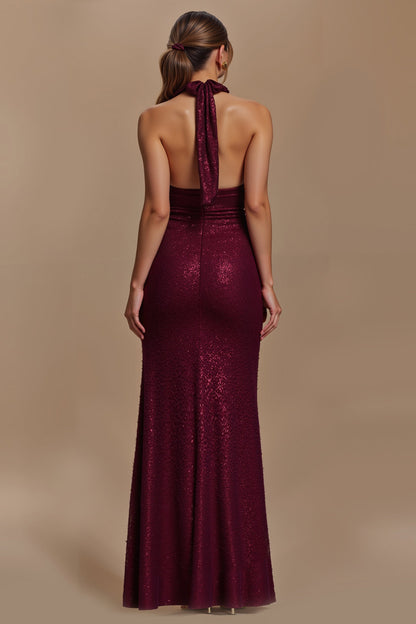 Sheath Burgundy Sequin Halter Long Holiday Dress