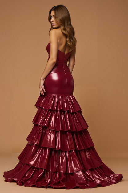 Burgundy Strapless Tiered A Line Metallic Holiday Dress