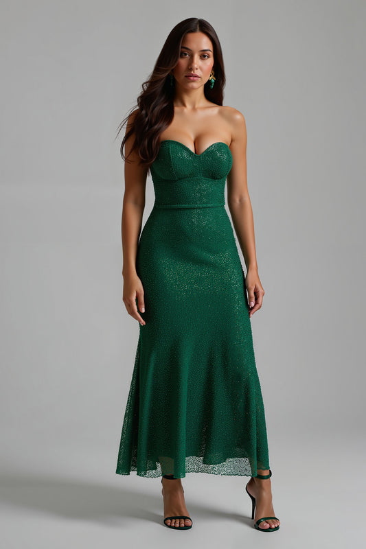 Sparkly Dark Green Strapless Sheath Long Holiday Dress