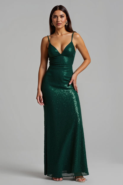Sparkly Dark Green Sheath Long Holiday Dress With Slit