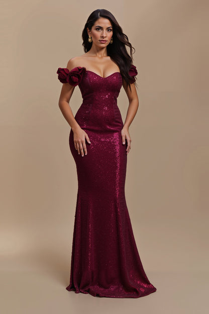 Burgundy Sequin Mermaid Off The Shoulder Holiday Dress