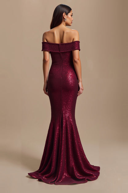 Burgundy Mermaid Off The Shoulder Sequin Holiday Dress