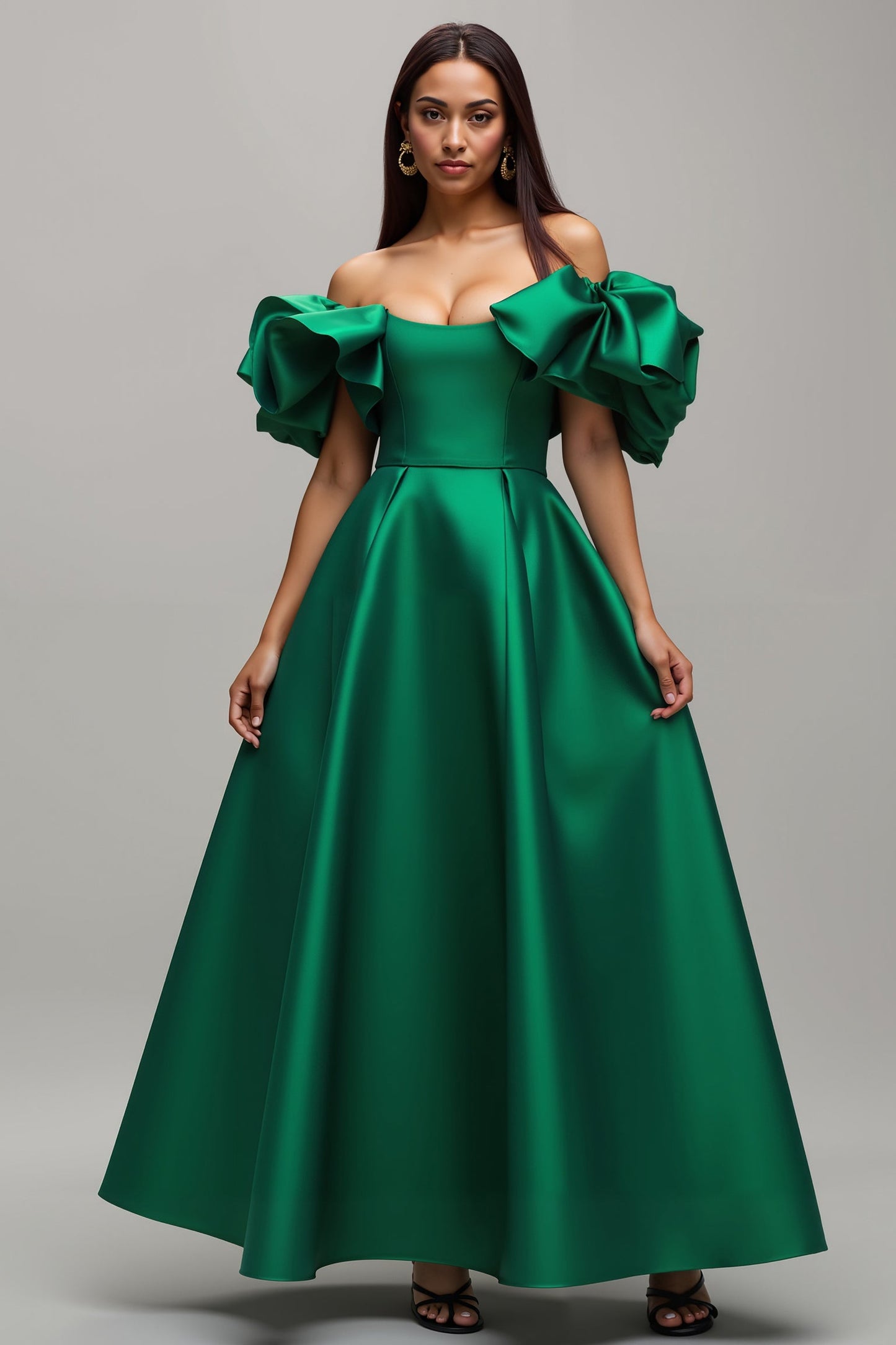 Dark Green Satin Off The Shoulder Holiday Dress