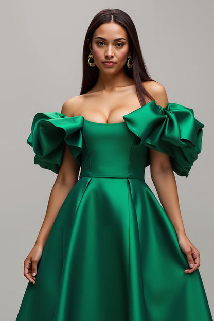 Dark Green Satin Off The Shoulder Holiday Dress