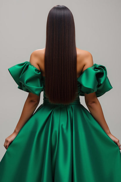 Dark Green Satin Off The Shoulder Holiday Dress