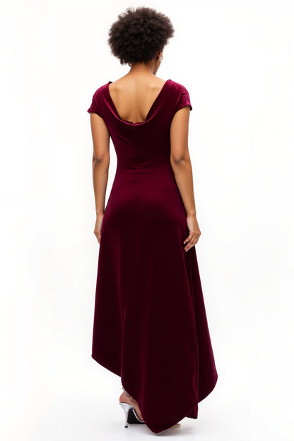 Burgundy A Line Boat Neck Ruched Holiday Dress