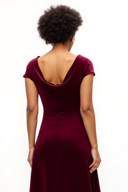 Burgundy A Line Boat Neck Ruched Holiday Dress