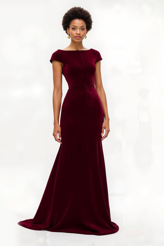 Burgundy Mermaid Bateau Neck Velvet Holiday Dress