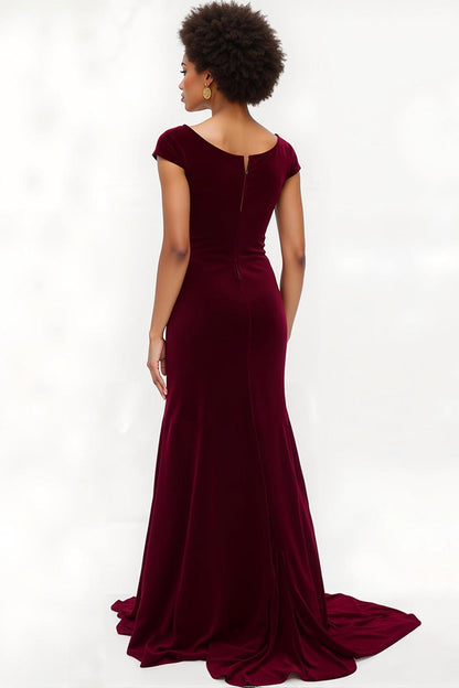 Burgundy Mermaid Bateau Neck Velvet Holiday Dress