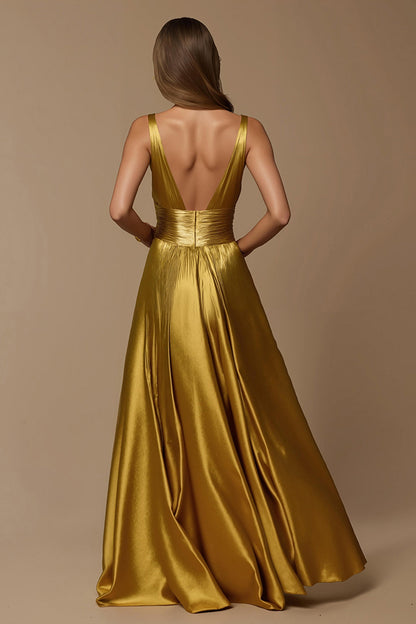 Golden Metallic Satin Deep V Neck A Line Holiday Dress