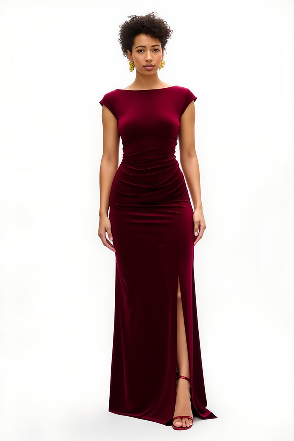 Burgundy Boat Neck Velvet Long Holiday Party Dress With Slit
