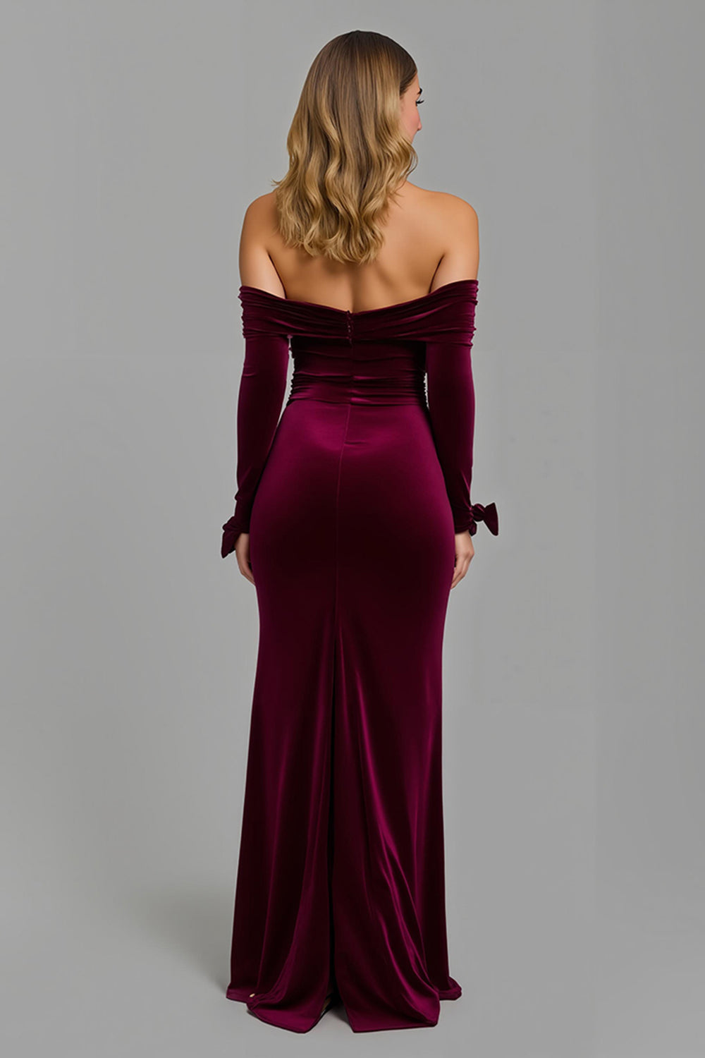 Burgundy Long Sleeves Off The Shoulder Holiday Party Dress With Slit