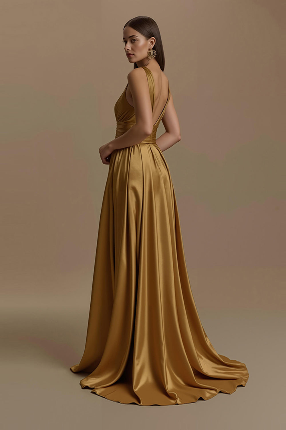 Golden V-Neck Satin Backless Long Holiday Party Dress