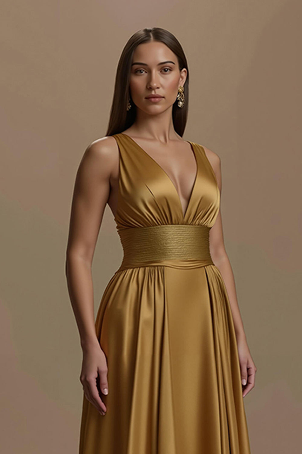 Golden V-Neck Satin Backless Long Holiday Party Dress