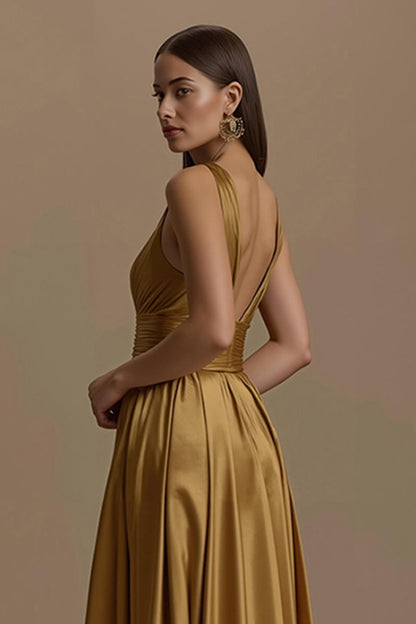Golden V-Neck Satin Backless Long Holiday Party Dress