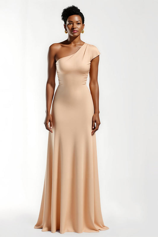 Champagne One Shoulder Sheath Long Bridesmaid Dress With Sleeves