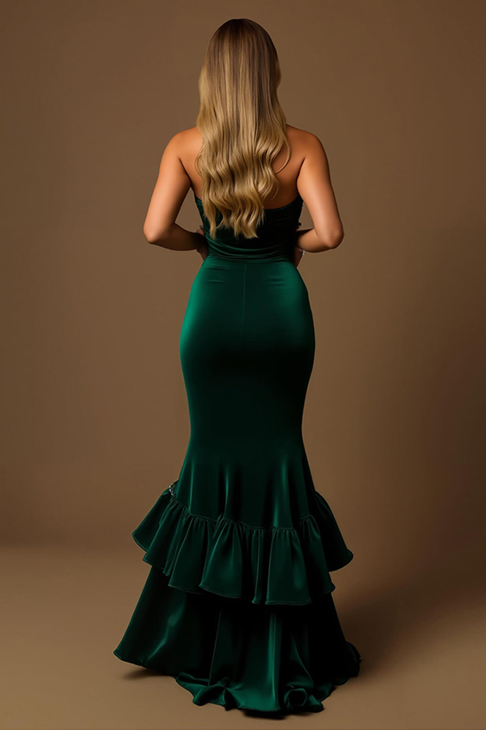 Dark Green Mermaid Tiered Strapless Long Holiday Party Dress