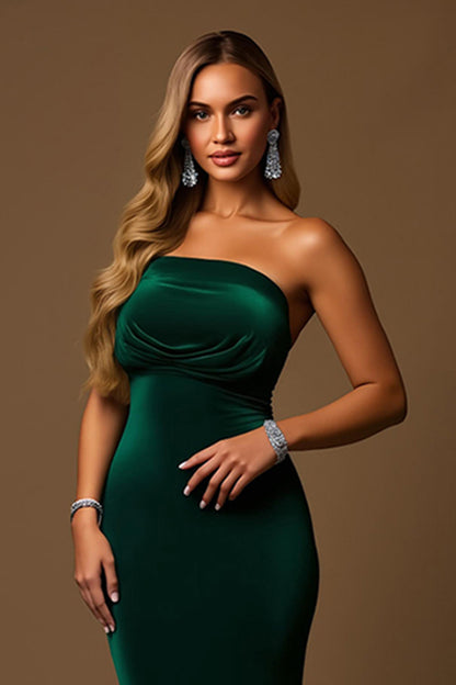 Dark Green Mermaid Tiered Strapless Long Holiday Party Dress