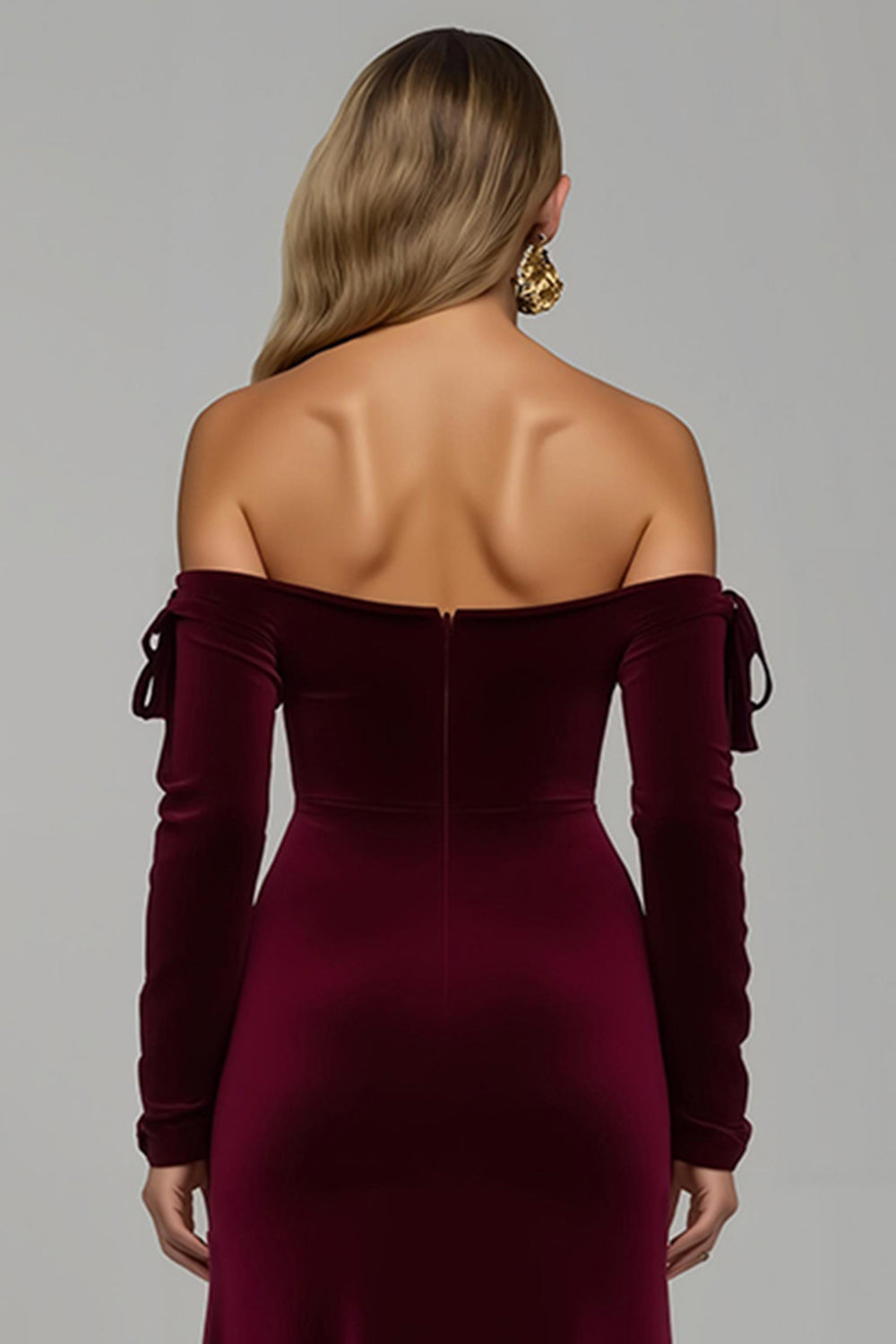 Burgundy Off The Shoulder Velvet Long Holiday Party Dress With Slit