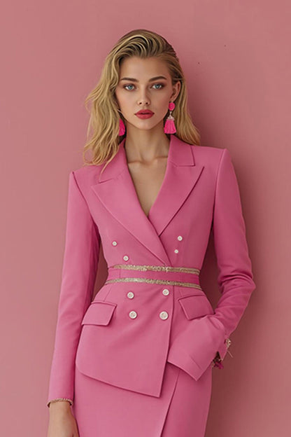Fuchsia 2 Piece Peak Lapel Midi Work Dress with Pockets