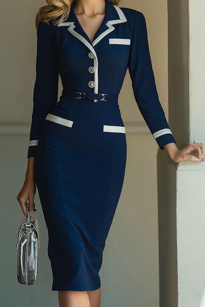Navy Satin Notched Lapel Pencil Midi Work Blazer Dress with Sleeves
