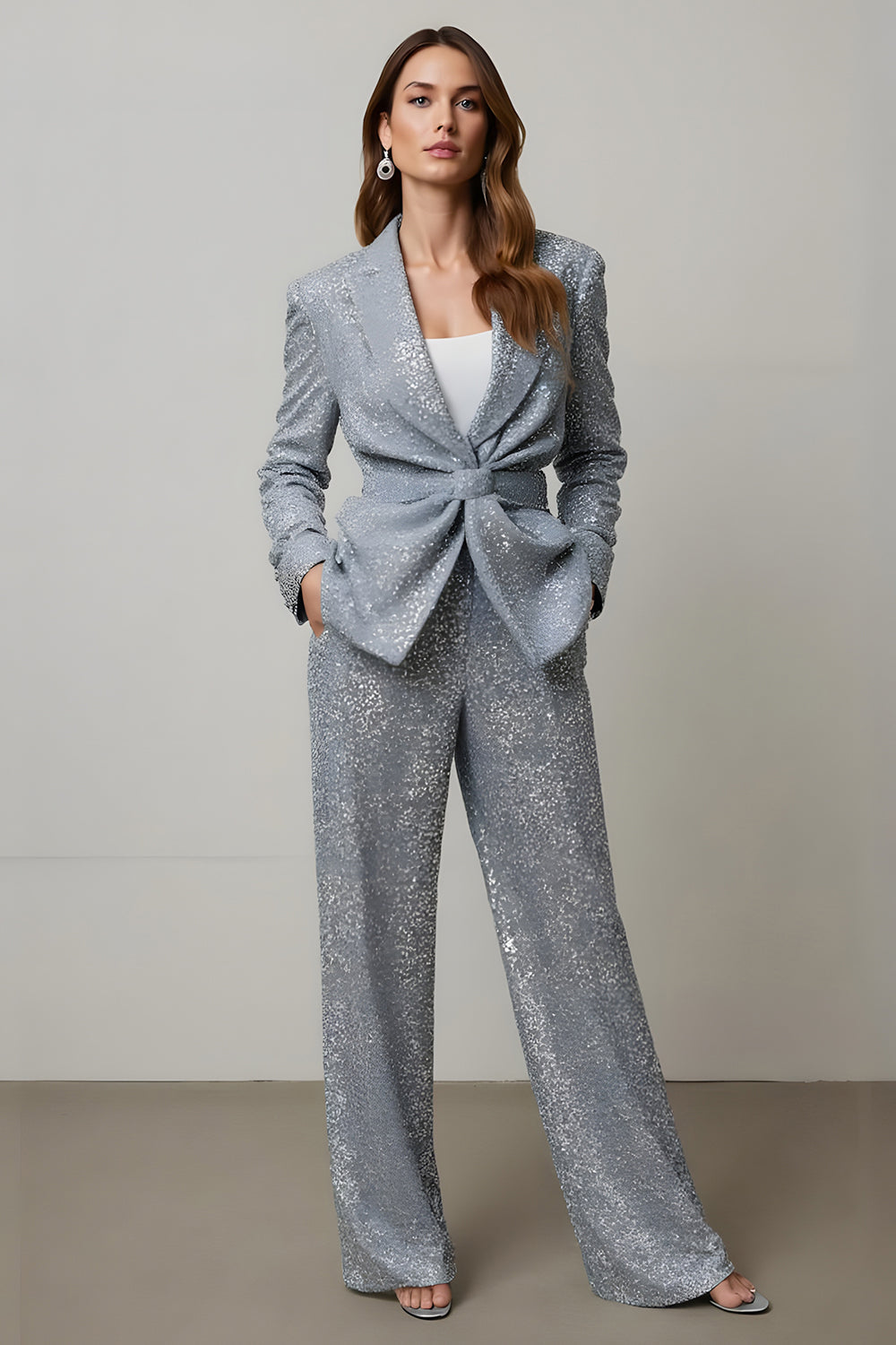 Sparkly Grey 2 Piece Sequins Women Prom Suits with Pockets