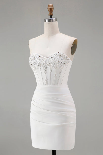 Strapless White Bodycon Corset Homecoming Dress With Beading