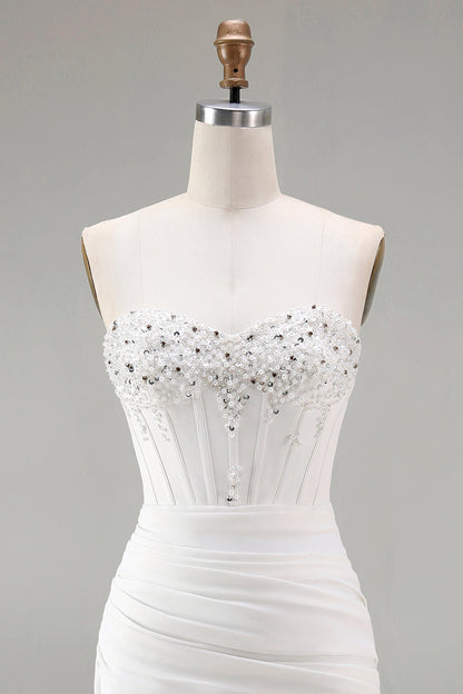 Strapless White Bodycon Corset Homecoming Dress With Beading