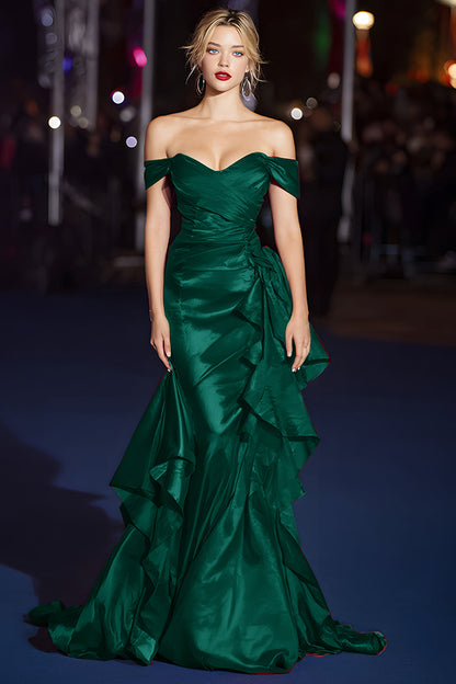 Dark Green Off the Shoulder Satin Ruched Mermaid Long Gala Dress with Ruffles