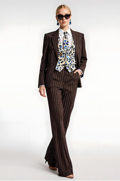 Coffee Pinstriped 2 Piece Notched Lapel Business Suits