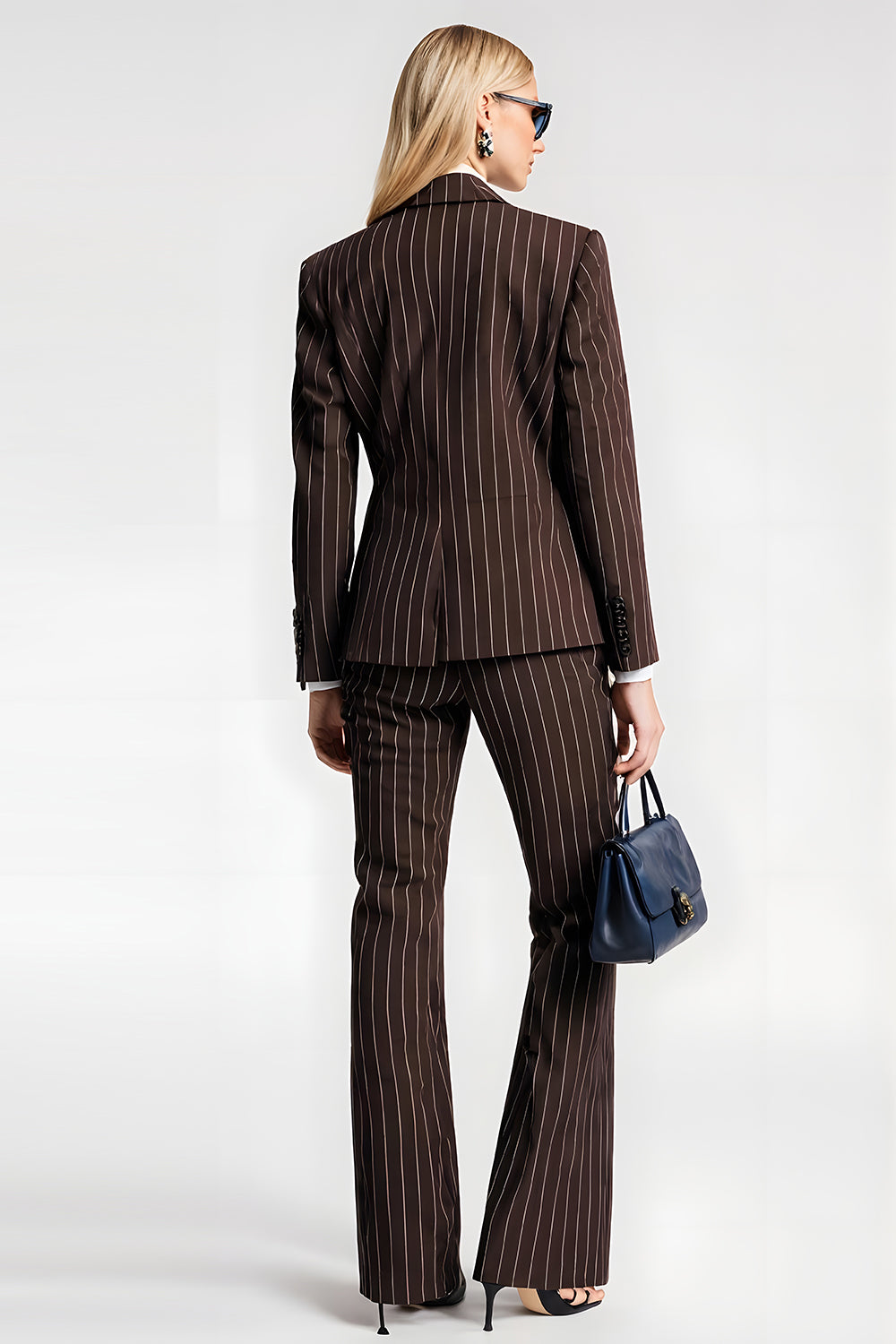 Coffee Pinstriped 2 Piece Notched Lapel Business Suits