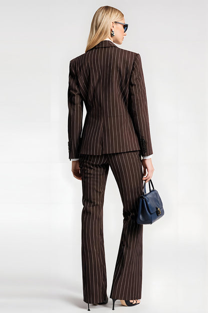 Coffee Pinstriped 2 Piece Notched Lapel Business Suits