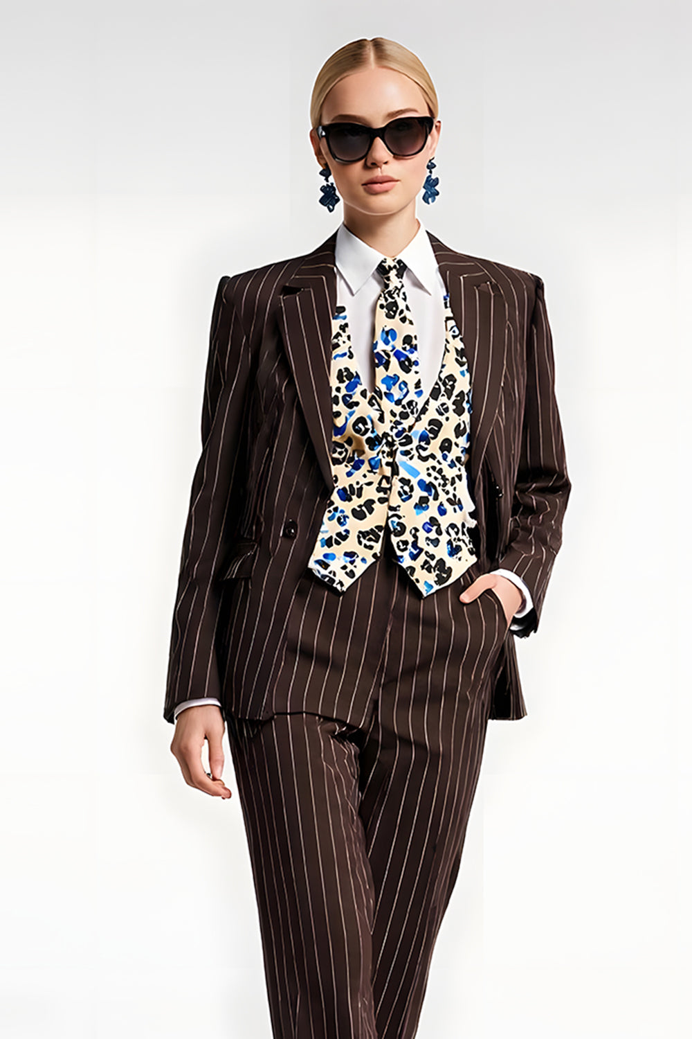 Coffee Pinstriped 2 Piece Notched Lapel Business Suits