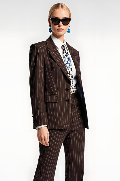 Coffee Pinstriped 2 Piece Notched Lapel Business Suits