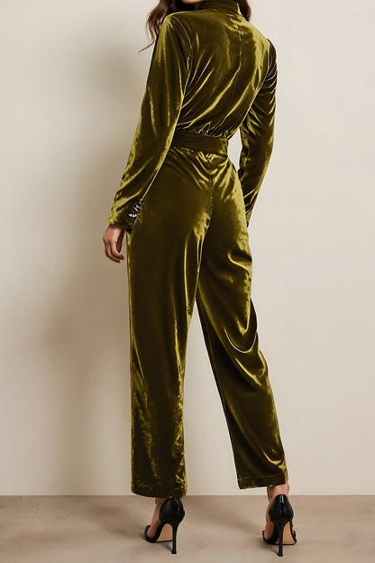 Green Velvet Peak Lapel Long Sleeves Jumpsuits