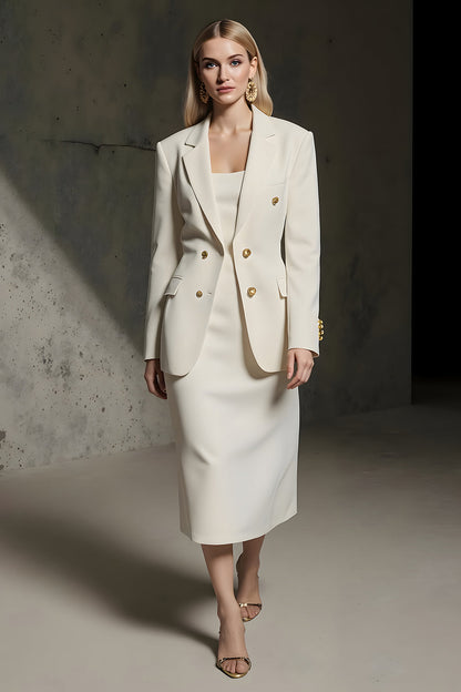 Ivory 2 Piece Notched Lapel Pencil Midi Business Suits