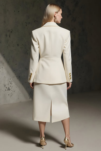 Ivory 2 Piece Notched Lapel Pencil Midi Business Suits